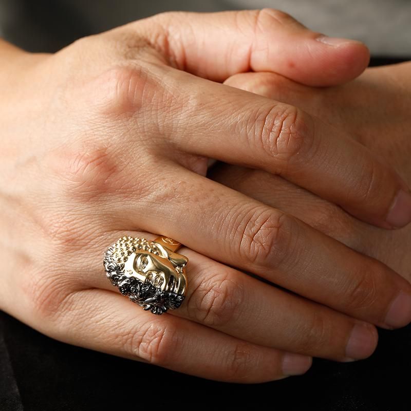 Buddha vs Demon Ring - 10K Yellow Gold and White Gold, Unique Chinese-Style Customizable Male Ring