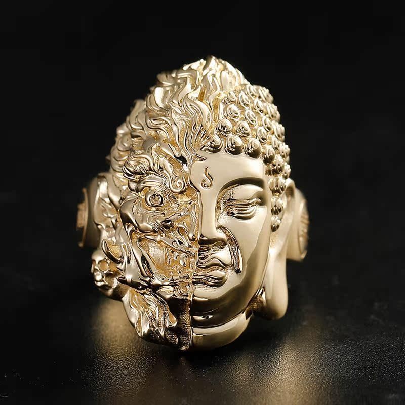 Buddha vs Demon Ring - 14K Yellow Gold and White Gold, Unique Chinese-Style Customizable Male Ring
