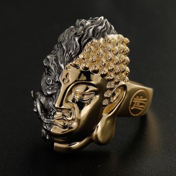 Buddha vs Demon Ring - 18K Yellow Gold and White Gold, Unique Chinese-Style Customizable Male Ring