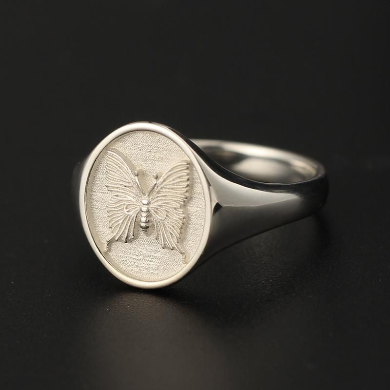 Butterfly Unveiled - 14K Yellow Gold or Platinum Unique and Creative Small Signet Ring for Women