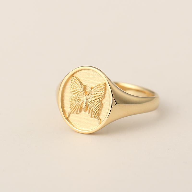 Butterfly Unveiled - 18K Yellow Gold or Platinum Unique and Creative Small Signet Ring for Women