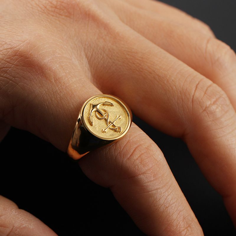 Anchor Badge Ring 10K Rose Gold White Platinum Original Design Personality Men's Light Luxury Accessories