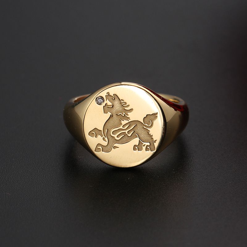 Brave Troops Pi Xiu Diamond Ring 14K Gold Set With Natural Diamonds Auspicious Animal Chinese Style State Tide Retro Seal Badge
