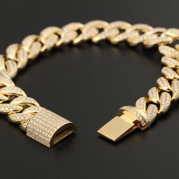 Cuban Link Chain Diamond 14K Yellow Gold Double Rows Full Dense Diamond Setting Fashion Thick Necklace Customized