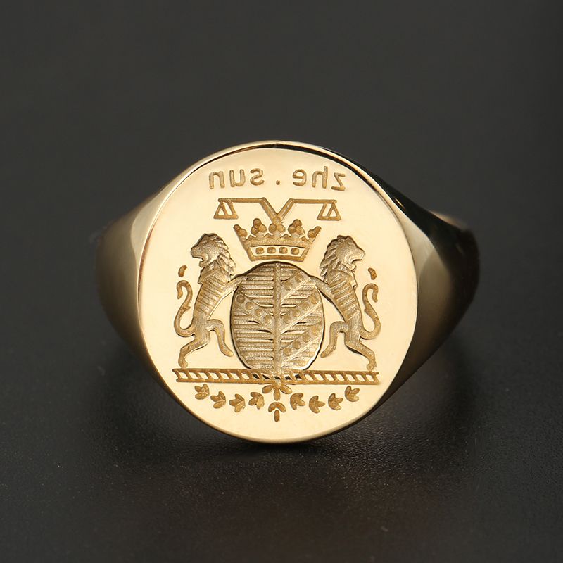 European Noble Family Tattoo Badge Double Lion Crown Antique Seal Ring 10K Gold Seal Men's Ring Custom