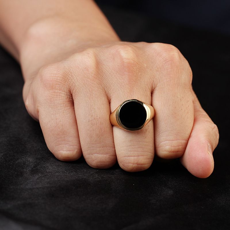 Natural Black Agate Ring Round 10K Gold Platinum Europe United States Retro Light Luxury Senior Sense Gem Men's Ring Custom