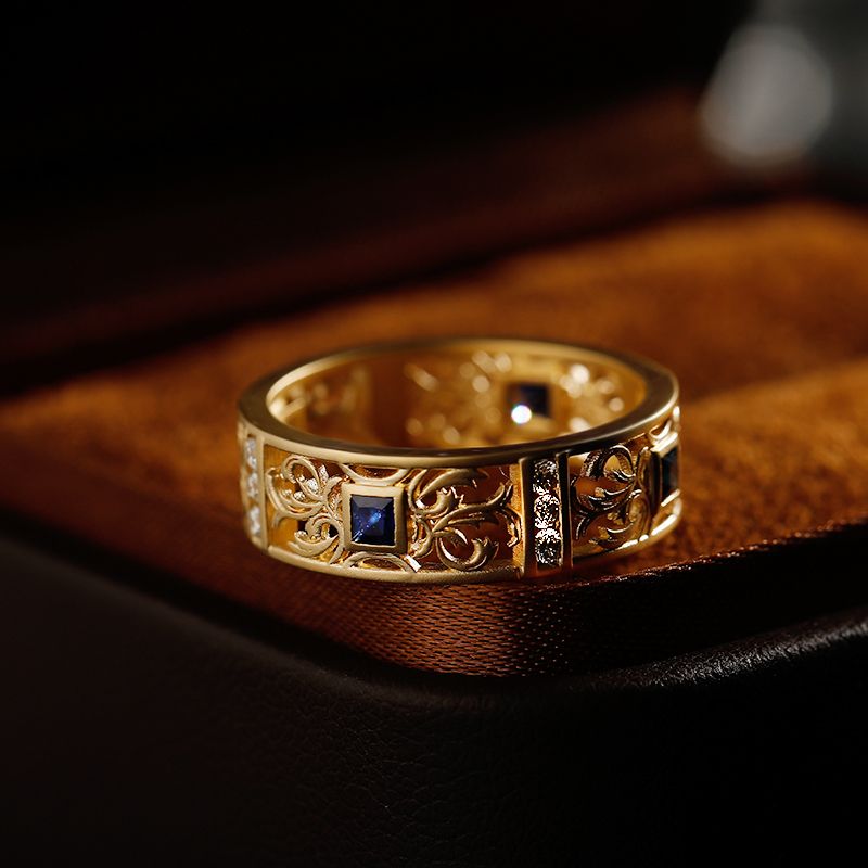 Tang Grass Pattern Ring 10K Gold Natural Sapphire Diamond Ancient Law Men Rings