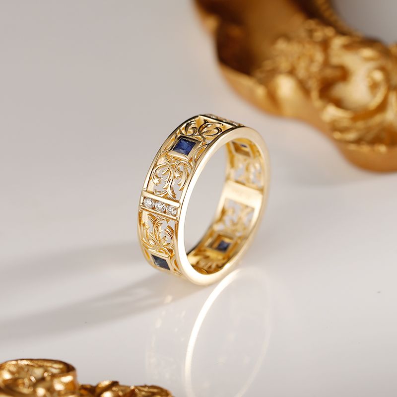 Tang Grass Pattern Ring 14K Gold Natural Sapphire Diamond Ancient Law ...