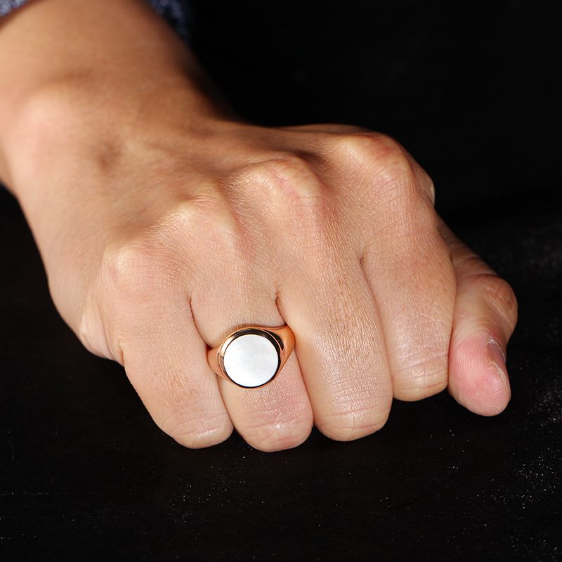 White Friary Seal Ring 10K Gold Rose Color Gold White Natural Mother Of Pearl Shell Light Luxury Personality Ring For Men And Women