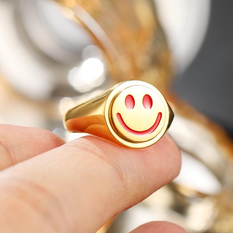 Embrace Life with a Smile - 10K Yellow Gold, Rose Gold, or Platinum Creative Smiley Ring for Men and Women