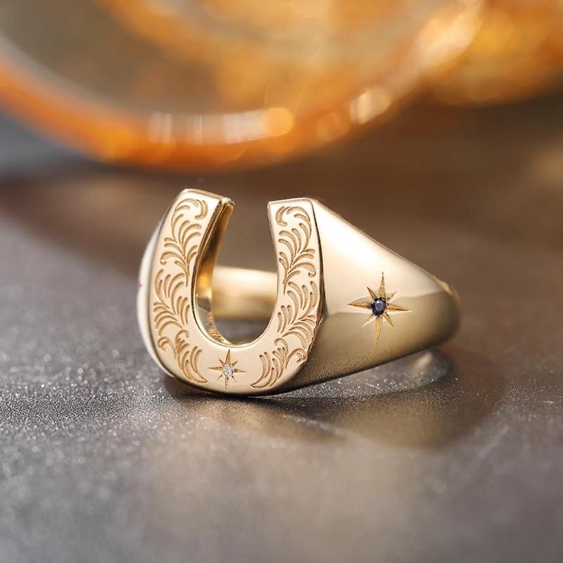 Good Luck U-Shaped Horseshoe Ring - 10K Yellow/Rose Gold with Vintage Tangcao Pattern - Unique Signet Ring for Both Men and Women
