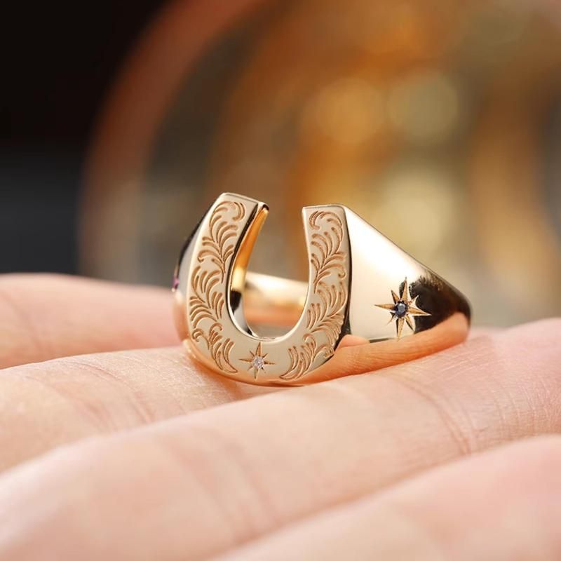 Good Luck U-Shaped Horseshoe Ring - 14K Yellow/Rose Gold with Vintage Tangcao Pattern - Unique Signet Ring for Both Men and Women