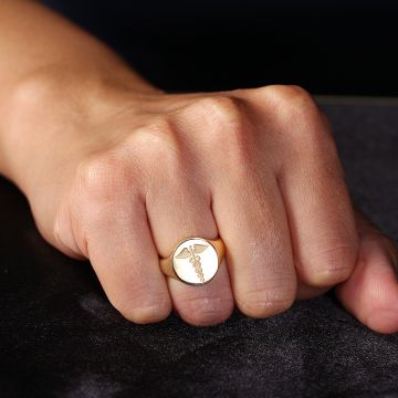 Double Snake Scepter God of Commerce Seal Ring with 14K Gold, Rose Gold or Platinum Hermes Merchant Gemini Patron Saint Customized