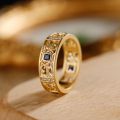 Tang Grass Pattern Ring 10K Gold Natural Sapphire Diamond Ancient Law Men Rings