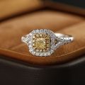 Square Yellow Diamond Ring 14K Real Gold 0.320ct+0.420ct Original Design