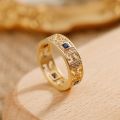 Tang Grass Pattern Ring 14K Gold Natural Sapphire Diamond Ancient Law Men Rings