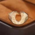 Good Luck U-Shaped Horseshoe Ring - 14K Yellow/Rose Gold with Vintage Tangcao Pattern - Unique Signet Ring for Both Men and Women