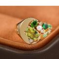 Spring Bloom 10K Gold Ring with Natural Green Gemstone, Pearl, and Diamonds - Unique and Luxurious Design for Both Men and Women