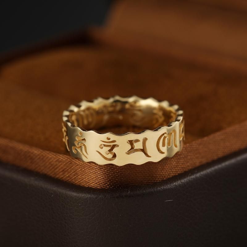 Six-Character Mantra Platinum Ring - 18K Yellow Gold or Rose-Colored Gold with Creative Hollow-Out Design