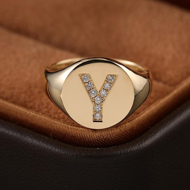 Stylish Diamond Initial Stamp Ring in 14K Gold - Unique and Customizable for Men and Women