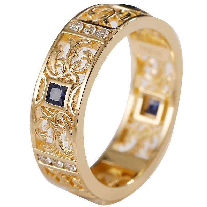 Tang Grass Pattern Ring 18k Gold Natural Sapphire Diamond Ancient Law Men Rings