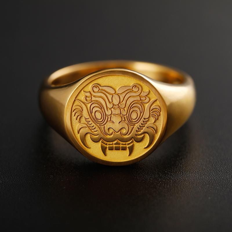 Taotie Mask Design Ring - 18K Yellow Gold or Platinum Antique Chinese Style Signet Ring for Men Inspired by Shang and Zhou Eras