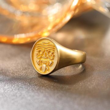 Zhalong Lama Ring - 10K Yellow Gold Tibetan-Style Female God of Wealth - Unique and Auspicious Ring for Both Men and Women