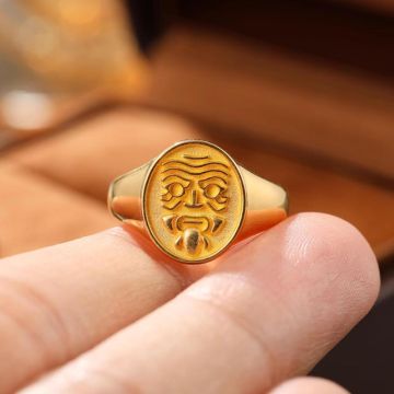 Zhalong Lama Ring - 14K Yellow Gold Tibetan-Style Female God of Wealth - Unique and Auspicious Ring for Both Men and Women